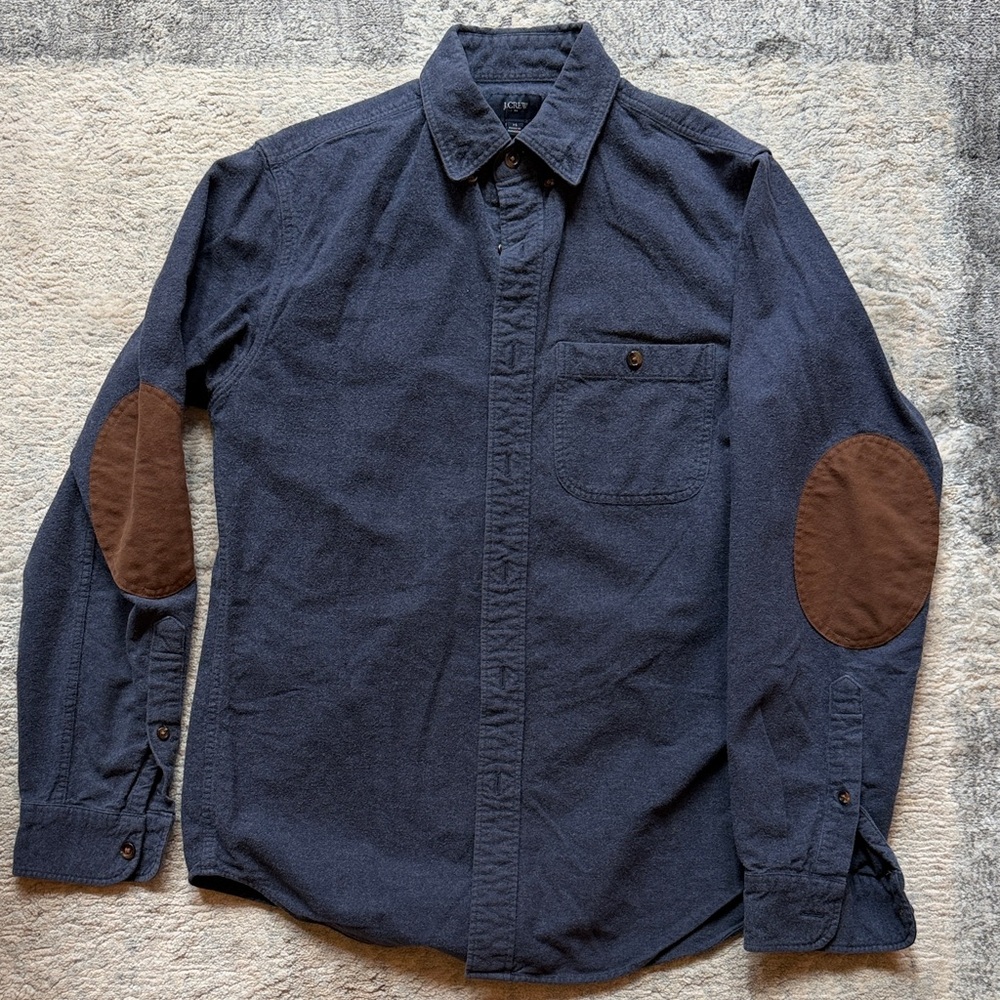 J. Crew Navy Button-Down Shirt with Brown Elbow Patches